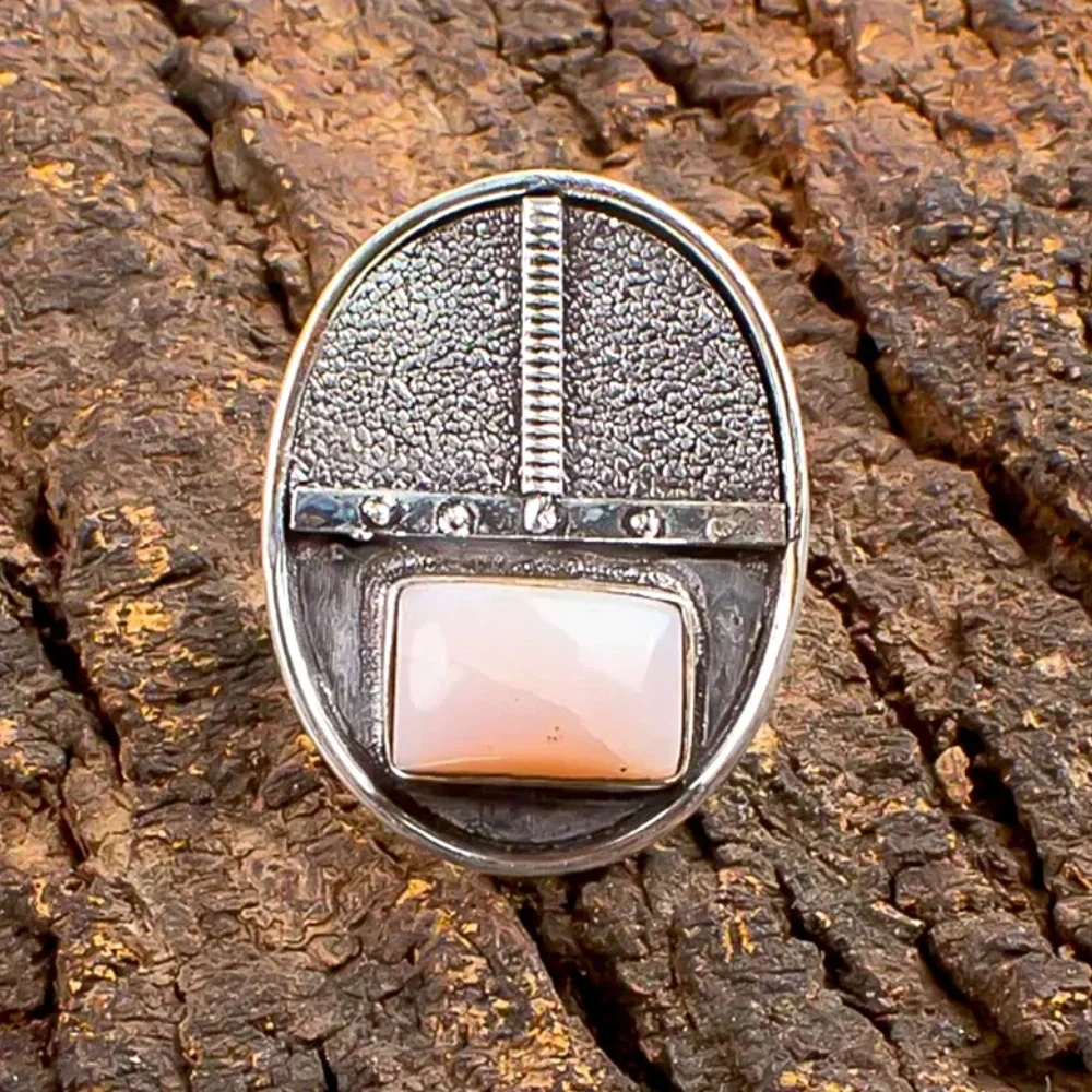 New Artisan Pink Opal Gemstone 925 Sterling Silver Tribal Shield Ring Size: 7.25